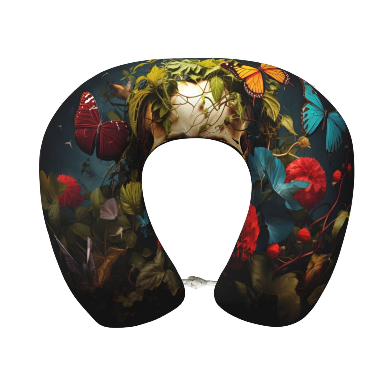 Xecao Butterfly Flower Plant Skull Print Memory Foam Cervical Neck Pillow Versatile U-Shaped Pillows for Home,Office,Camping,Travelling,Soft Washable Cover