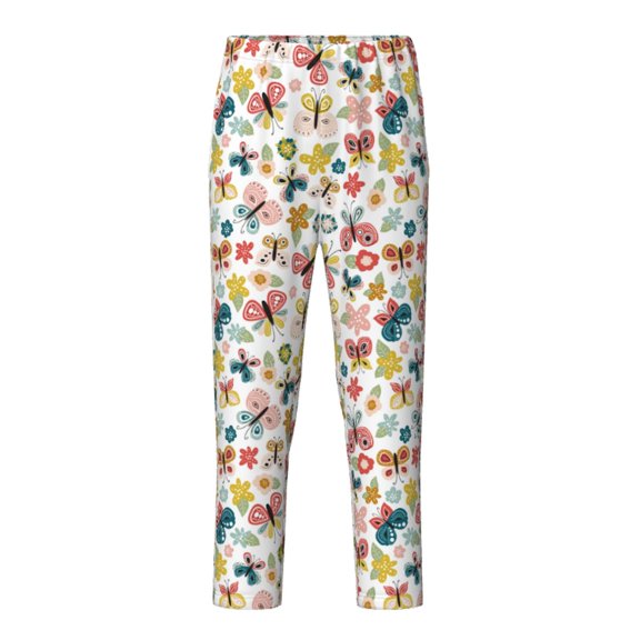 Xecao Butterfly Flowers Print Teenagers' Pajama Pants Long Sleep Pants Soft Elastic Waist Pajama Bottoms Elastic waist with 2 Pockets 5-16 Years-Large