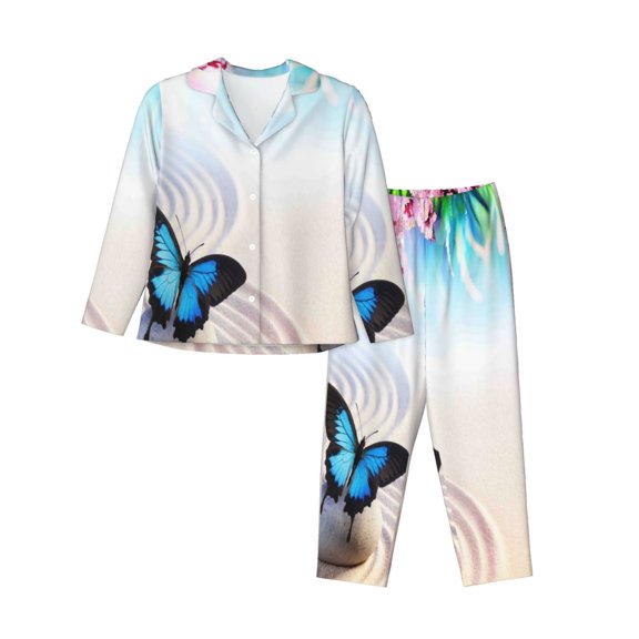 Xecao Butterfly In Blossoms Zen Print Women Pajamas Set Soft Sleepwear Pjs long Sleeve Button Down Nightwear with Long Pants