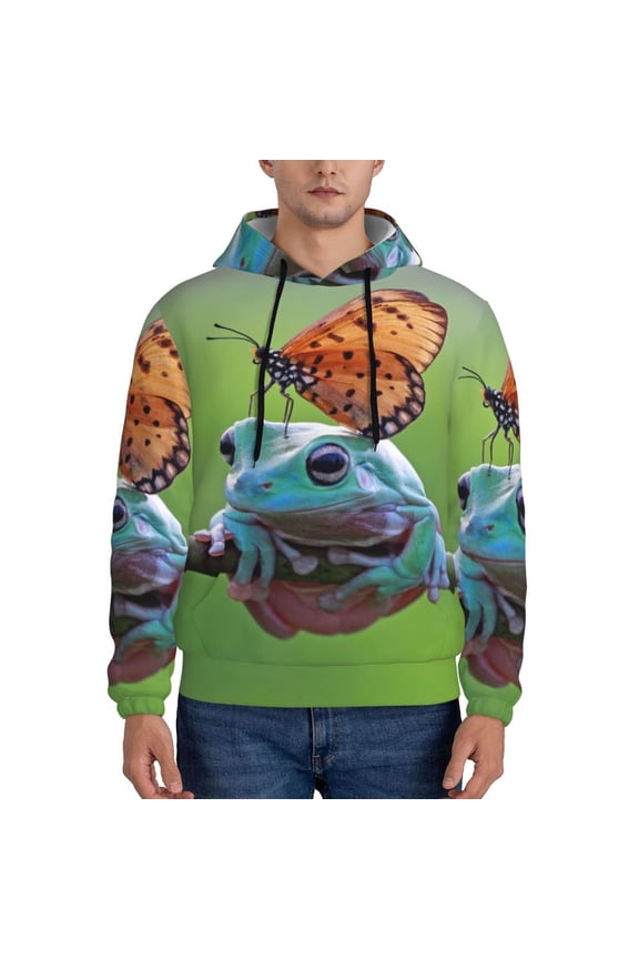 Butterfly Landing On Head Dumpy Frog Pattern Men's Adult Pullover Hoodie,Hooded Sweatshirt-Small