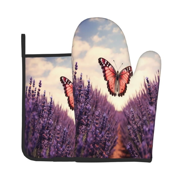 Xecao Butterfly Over Lavender Pattern Oven Mitts and Pot Holders Sets Heat Resistant Silicone Oven Mittens Extra Thicken Long Kitchen Cotton Oven Glove for Cooking