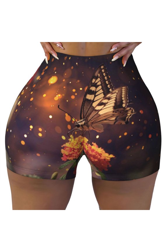 Butterfly Sitting on a Flower Print Workout Shorts for Women Soft Smooth Gym Yoga Scrunch Active Tennis Workout Running Shorts