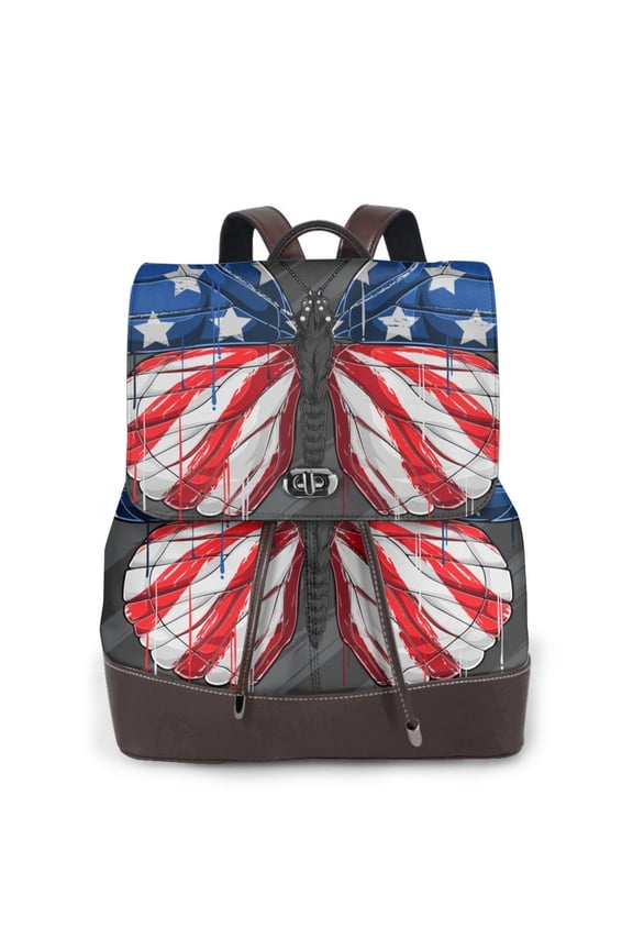 Butterfly With USA Flag Print Large Backpack Soft Leather for Women Travel with Compartment, Adjustable Convertible Strap