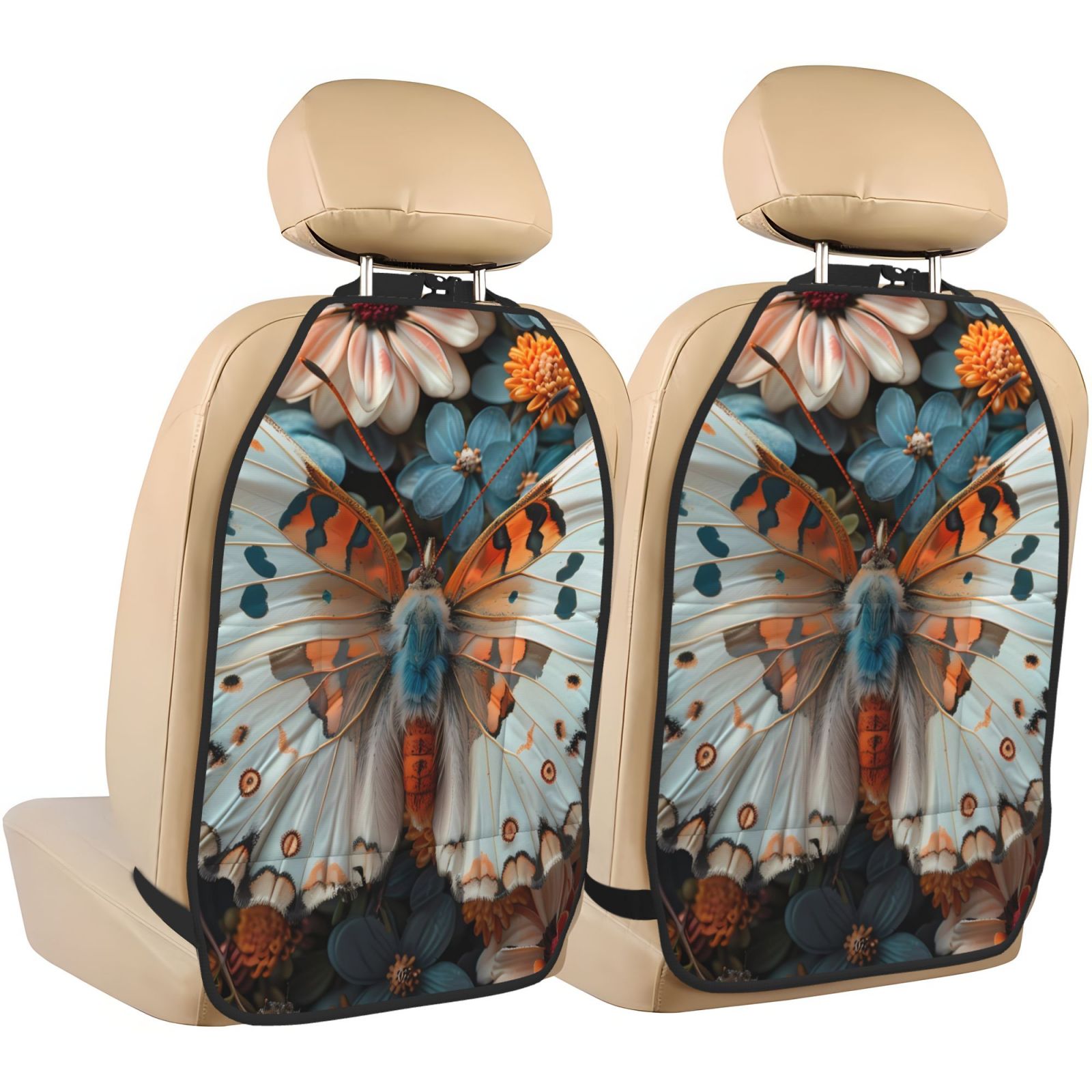 Xecao Butterfly and Bloom Beauty Pattern Car Seat Back Protector 2 Pack Large Capacity Pocket, Kick Mats Back Seat Protector