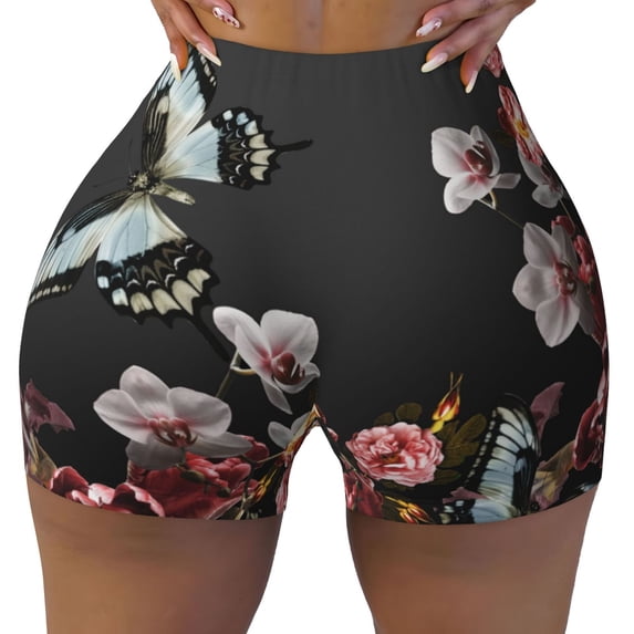 Xecao Butterfly with Fowers Print Workout Shorts for Women Soft Smooth Gym Yoga Scrunch Active Tennis Workout Running Shorts