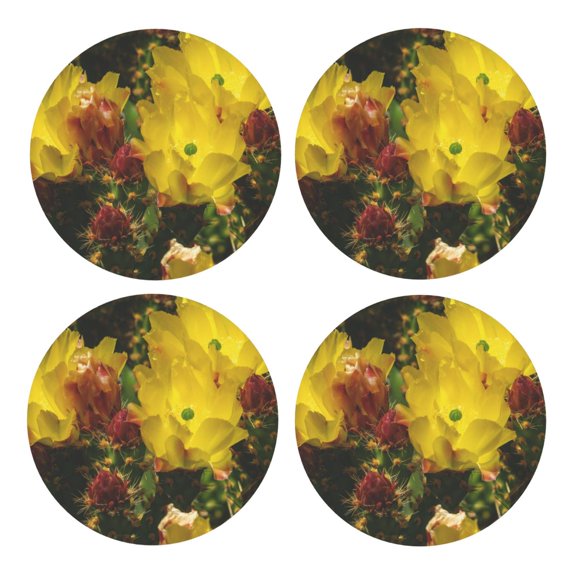 Xecao Cactus Flowers for MDF Cork Coaster 4 Pcs,Drink Coasters,Suit for House Warming Gifts New Home ,Coffee Table Decor-Round Shape