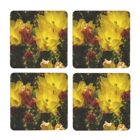 Xecao Cactus Flowers for MDF Cork Coaster 4 Pcs,Drink Coasters,Suit for House Warming Gifts New Home ,Coffee Table Decor-Square
