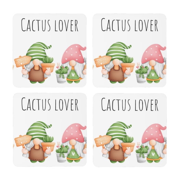 Xecao Cactus Gnome for MDF Cork Coaster 4 Pcs,Drink Coasters,Suit for House Warming Gifts New Home ,Coffee Table Decor-Square