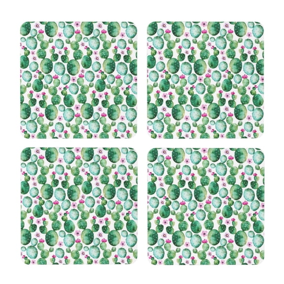 Xecao Cactus Plants for MDF Cork Coaster 4 Pcs,Drink Coasters,Suit for House Warming Gifts New Home ,Coffee Table Decor-Square