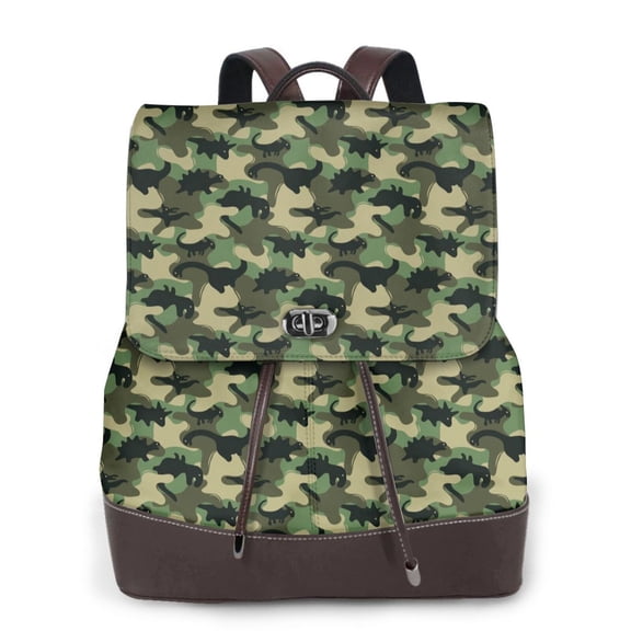 Xecao Camouflage Dinosaur Print Large Backpack Soft Leather for Women Travel with Compartment, Adjustable Convertible Strap