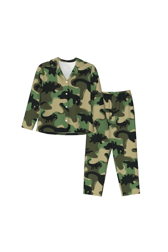 Camouflage Dinosaur Print Women Pajamas Set Soft Sleepwear Pjs long Sleeve Button Down Nightwear with Long Pants