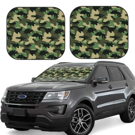 Xecao Camouflage Dinosaur for Foldable Car Sun Shades (2-Pack) offer sun protection with an easy-fold design for convenient windshield shading.