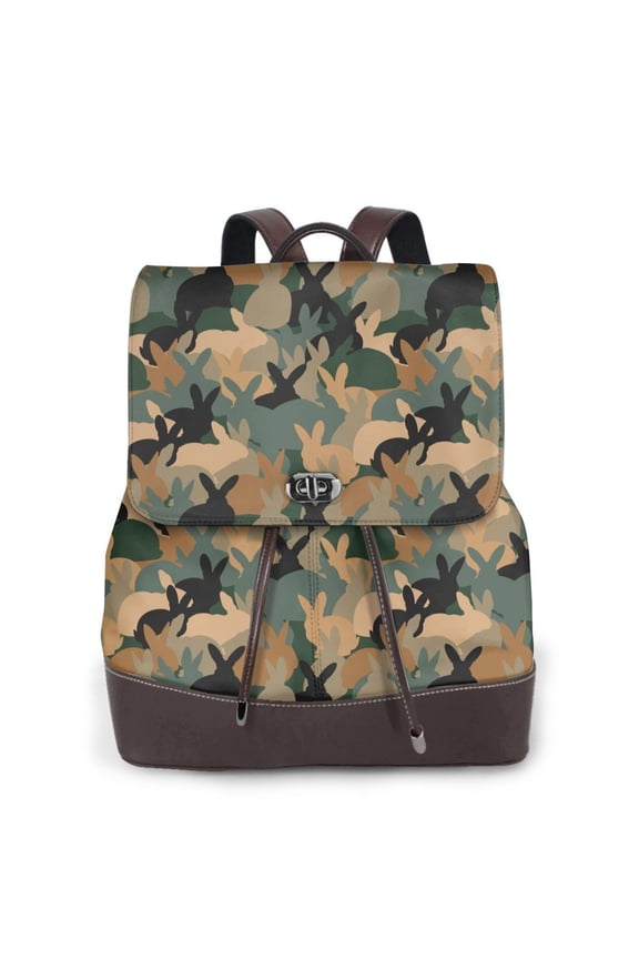 Camouflage Rabbit Print Large Backpack Soft Leather for Women Travel with Compartment, Adjustable Convertible Strap