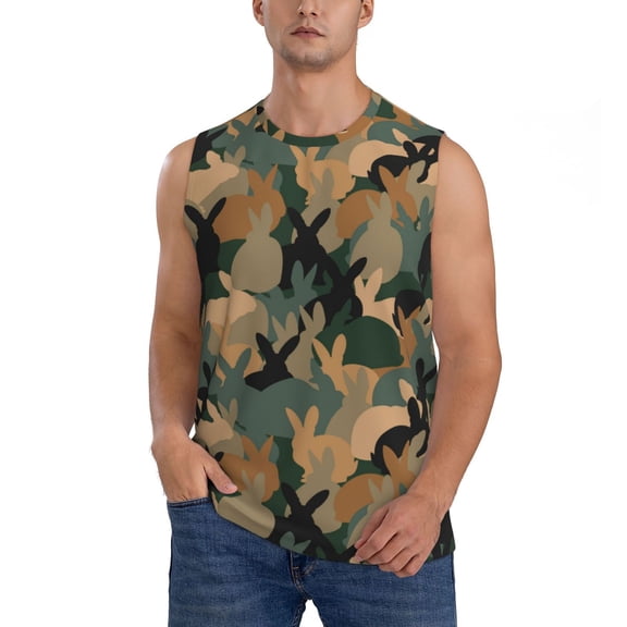 Xecao Camouflage Rabbit Print Men's Tank Top: Sleek Sleeveless Tee for Casual Sports and Beach Occasions-Small