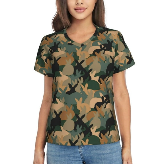 Xecao Camouflage Rabbit for Women's V-Neck T-Shirts-Elegant Half-Sleeve Tops Perfect for Summer-Small