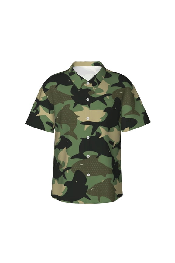 Camouflage Shark print Hawaiian shirt - a stylish short-sleeve button-down for men, perfect for casual beach and tropical outings.