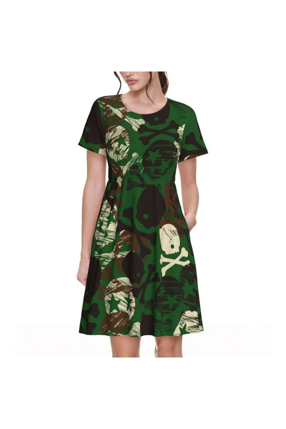 Camouflage Skull for Women Summer Short Sleeve Midi Dress with Pockets Casual Aline Flowy Tshirt Dress Vocation Beach Sundress