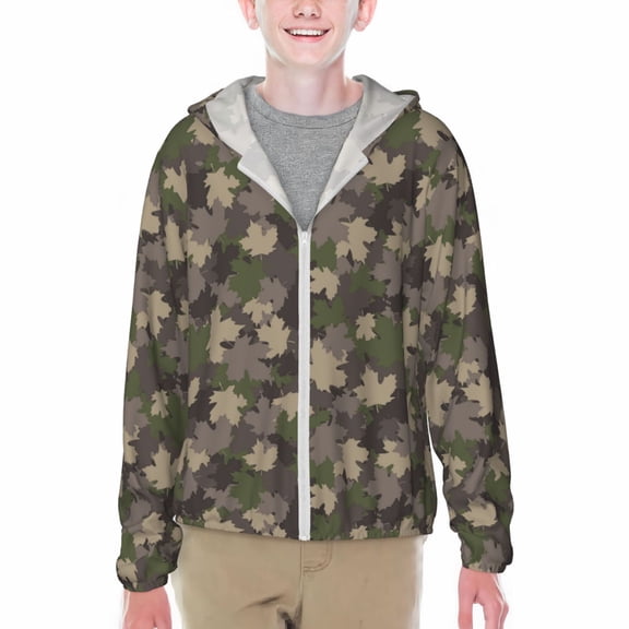 Xecao Camouflage maple Print Fishing Shirts for teenager Long Sleeve UV Sun Protection Hoodie with Zipper Outdoor Hiking Shirts-