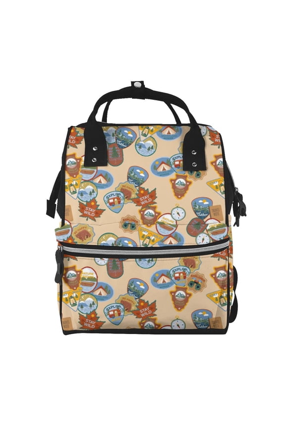 Camp Badge print Large Capacity Nappy Bag is a multi-functional waterproof travel backpack, perfect as a nursing bag or mummy backpack for women