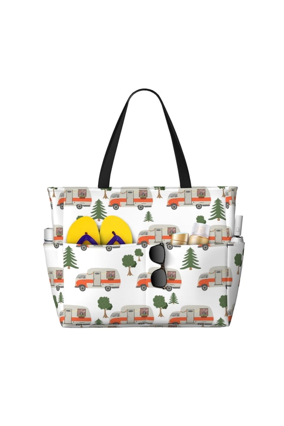 Camp Van for versatile beach bag for women includes zipper pockets and waterproof material, ideal for vacations and adventures.