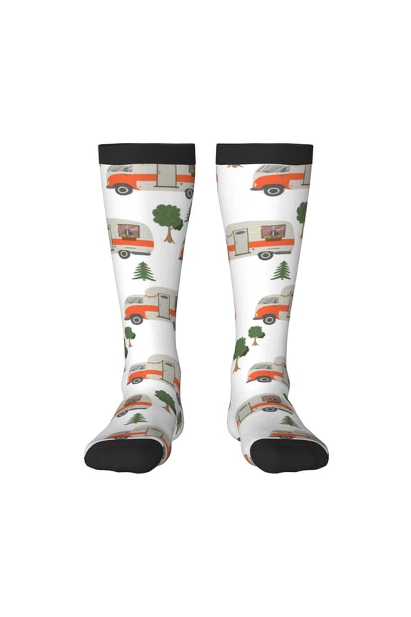 Camp Van print thigh-high socks, crafted for both men and women with a stretchy, high-opaque design perfect for daily wear