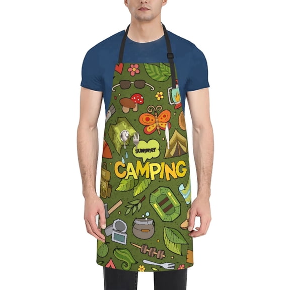 Xecao Camping 1 Print Kitchen Cooking Aprons, Waterproof Adjustable Bib Aprons with 2 Pockets for Women Men Chef