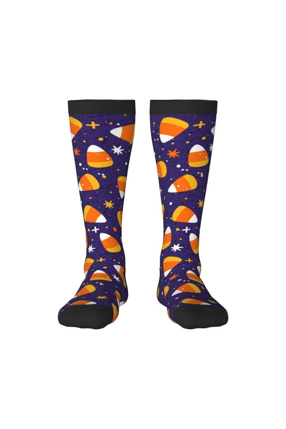 Candy Corn (2) print thigh-high socks, crafted for both men and women with a stretchy, high-opaque design perfect for daily wear