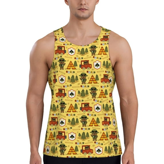 Xecao Car Tent Trees Men's Tank Top Workout Quick Dry Sleeveless Gym Jogging Muscle Shirts Summer Swim Beach Tops