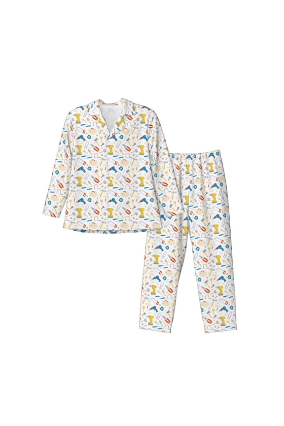 Carpenter tools Print Pajamas Set Mens Pajamas Long Sleeve Loungewear Two-Piece Sleepwear Button-Down Pjs Set,2PJS-XX-Large