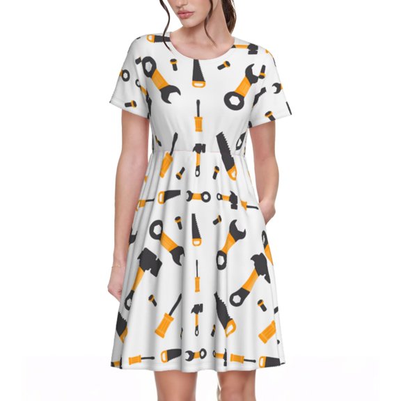 Xecao Carpenter tools for Women Summer Short Sleeve Midi Dress with Pockets Casual Aline Flowy Tshirt Dress Vocation Beach Sundress