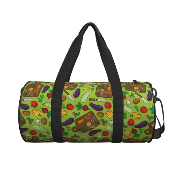 Xecao Carrot Eggplant print Round Travel Duffel Bag is a foldable gym bag with an inner pocket, perfect for travel sports