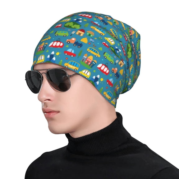 Xecao Cars Transportation Print Beanie Knitted Hat for Men Women, Winter Fashion Knit Cuffed Caps Unisex