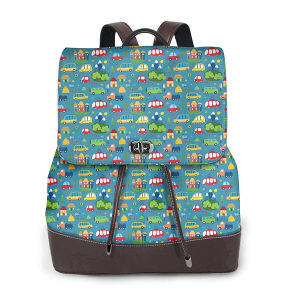Xecao Cars Transportation Print Large Backpack Soft Leather for Women Travel with Compartment, Adjustable Convertible Strap