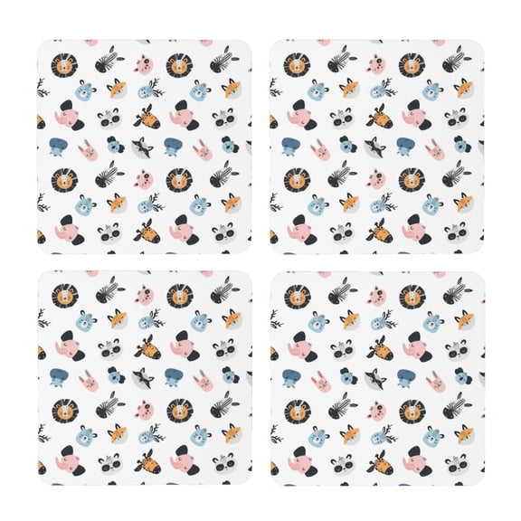 Xecao Cartoon Animals for MDF Cork Coaster 4 Pcs,Drink Coasters,Suit for House Warming Gifts New Home ,Coffee Table Decor-Square