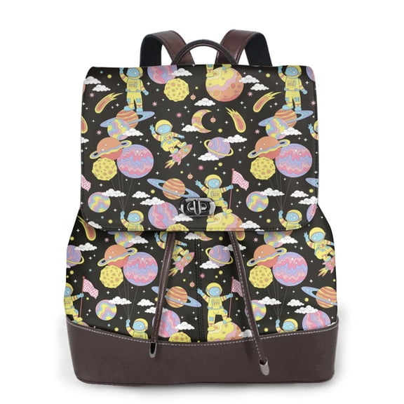 Xecao Cartoon Astronaut In Spacesuit Print Large Backpack Soft Leather for Women Travel with Compartment, Adjustable Convertible Strap