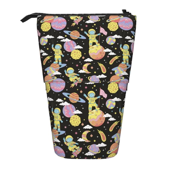 Xecao Cartoon Astronaut In Spacesuit Print Telescopic Pencil Bag Pen Holder Pop Up Stationery Case Stand-up Retractable Transformer Bag Standing Organizer