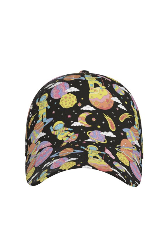 Cartoon Astronaut In Spacesuit for Baseball Cap: Unisex, crafted from classic polyester twill fabric, featuring a soft unconstructed design