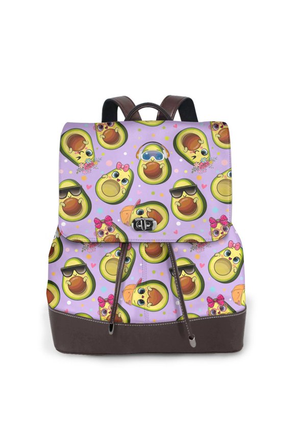Cartoon Avocados Print Large Backpack Soft Leather for Women Travel with Compartment, Adjustable Convertible Strap