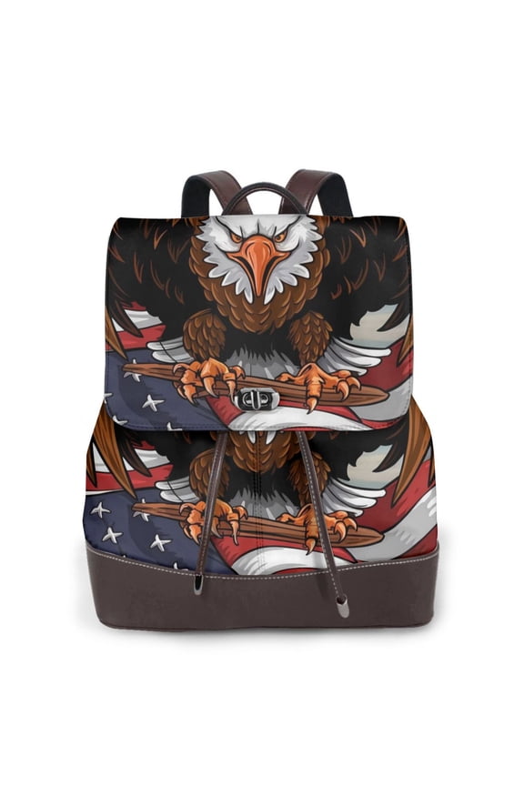 Cartoon Bald Eagle USA Print Large Backpack Soft Leather for Women Travel with Compartment, Adjustable Convertible Strap