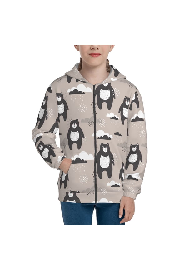 Cartoon Bear Brown Pattern Zip Up Hoodies for Boys Girls, Sweatshirt with Pockets-Small
