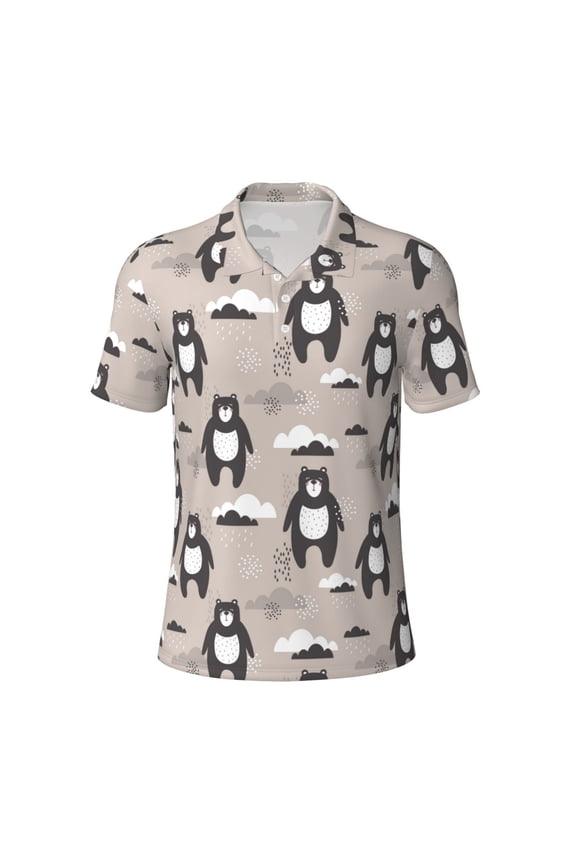 Cartoon Bear Brown for Mens' Casual Short Sleeve Button-Down Polo Shirts for a Classic Golf Look