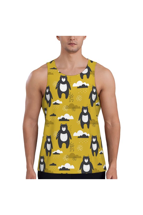 Cartoon Bear Yellow Men's Tank Top Workout Quick Dry Sleeveless Gym Jogging Muscle Shirts Summer Swim Beach Tops
