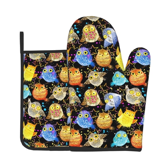 Xecao Cartoon Bird Owl Pattern Oven Mitts and Pot Holders Sets Heat Resistant Silicone Oven Mittens Extra Thicken Long Kitchen Cotton Oven Glove for Cooking