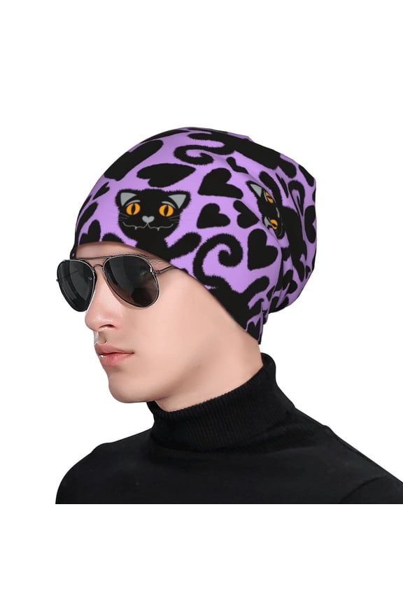 Cartoon Black Cats Print Beanie Knitted Hat for Men Women, Winter Fashion Knit Cuffed Caps Unisex