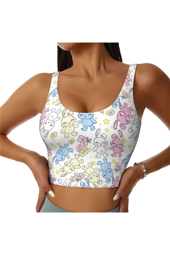 Cartoon Bunny for Sports Bra with Removable Pads, Crop Tank Top Design, Women's Longline Sports Bra - Non-Wired - Small