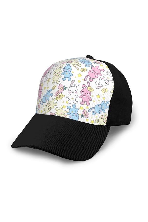 Cartoon Bunny print unisex vintage washed baseball cap, a soft and adjustable hat perfect for any casual style.