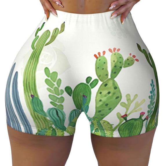Xecao Cartoon Cactus Print Workout Shorts for Women Soft Smooth Gym Yoga Scrunch Active Tennis Workout Running Shorts