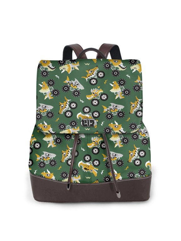 Cartoon Car Print Large Backpack Soft Leather for Women Travel with Compartment, Adjustable Convertible Strap
