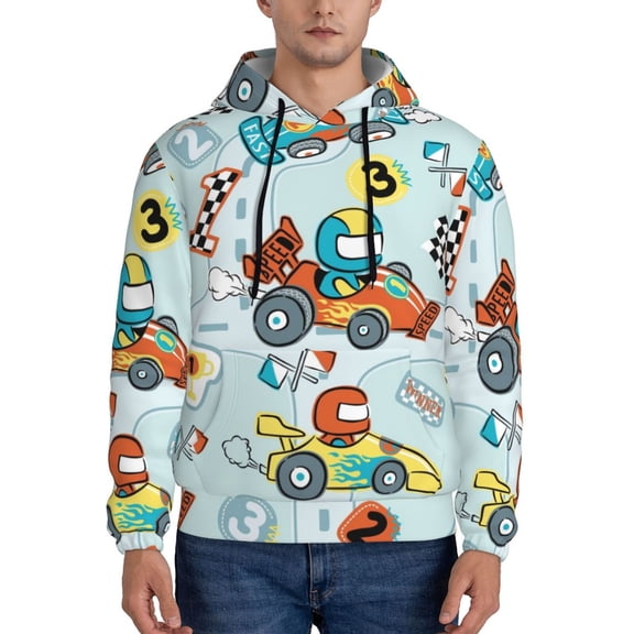 Xecao Cartoon Car Racing Pattern Men's Adult Pullover Hoodie,Hooded Sweatshirt-Large