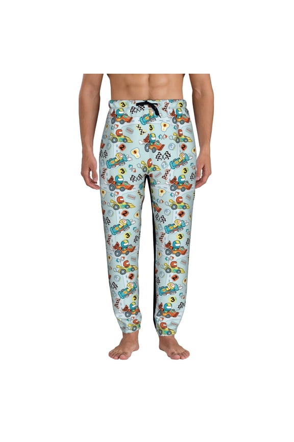 Cartoon Car Racing Print Active Tech Joggers for Men, Mens Sweatpants Lounge Pants with Pockets-Small